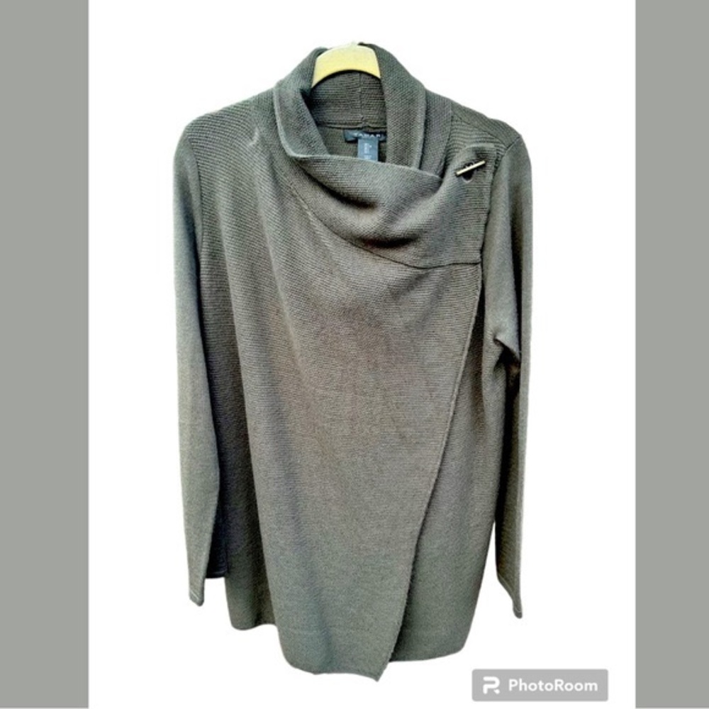 Tahari Merino Wool Blend Cardigan Neutral Green Sweater Size L